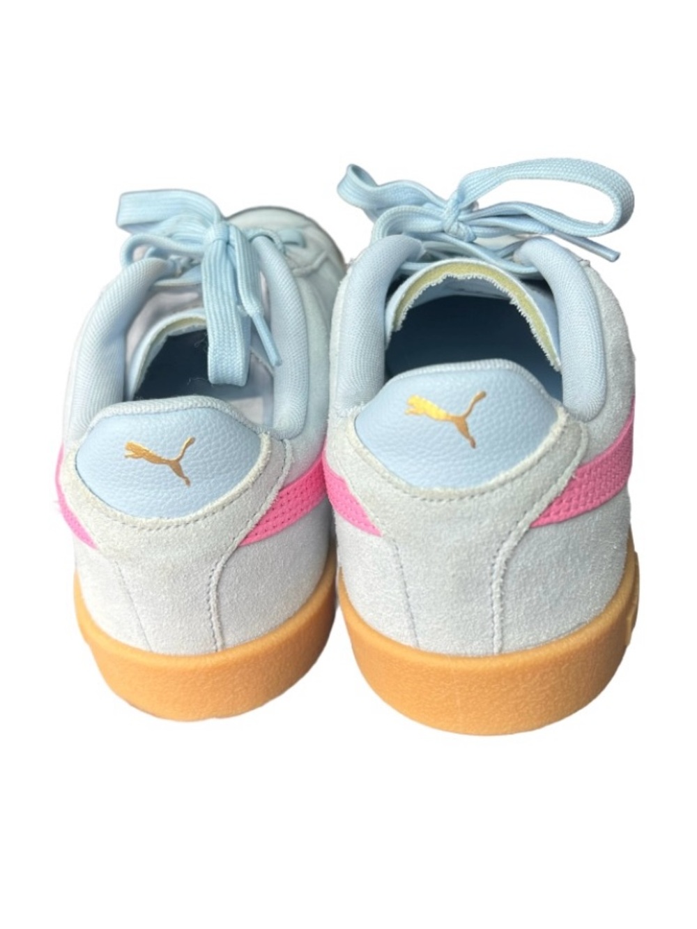 Puma Women's Light Blue Suede Sneakers with Pink Stripe and Gum Sole - Picture 3 of 4